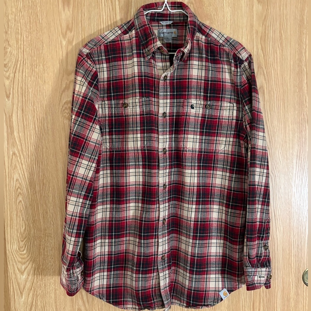 Carhartt Flannel Red and Cream Plaid Relaxed Fit Button Down Shirt